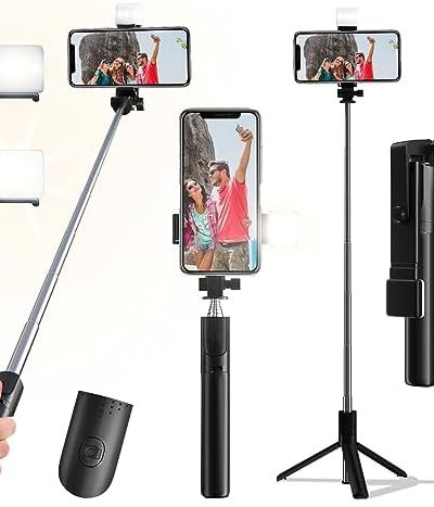 Selfie Stick, 40 in Retractable Phone Tripod with Wireless Remote Control & Light, Portable Selfie Stick Tripod for Photograph, Live Streaming, Video Recording, Compatible with All Cellphones